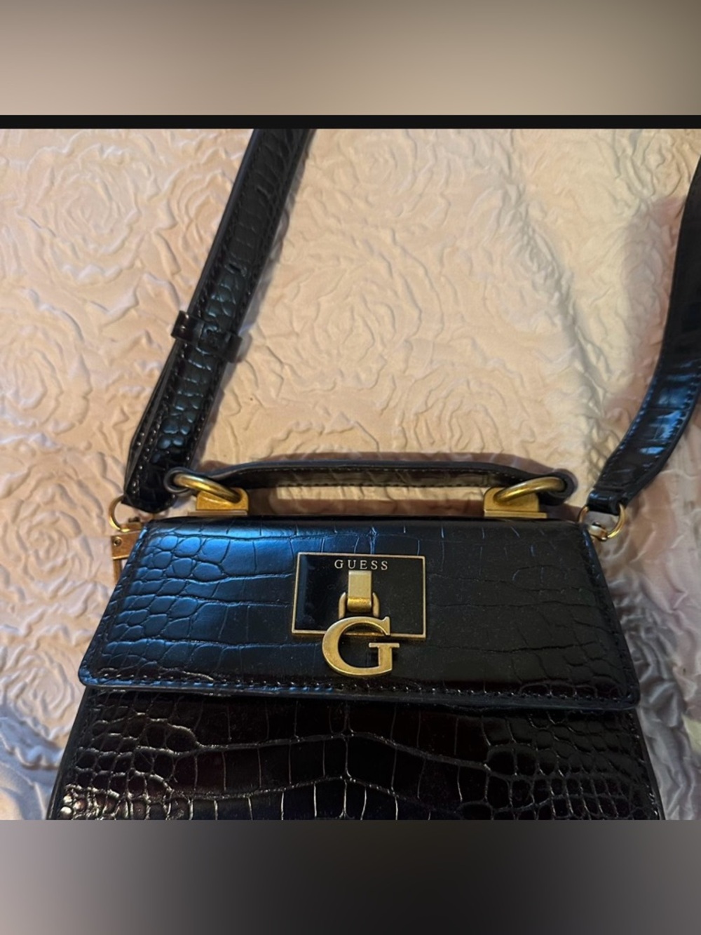 Mini GUESS Black Croc-Embossed Crossbody with Gold Hardware